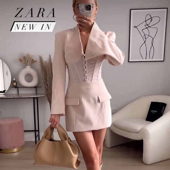 ZARA CORSET BLAZER DRESS BEIGE-PINK  - Picture 3 of 17